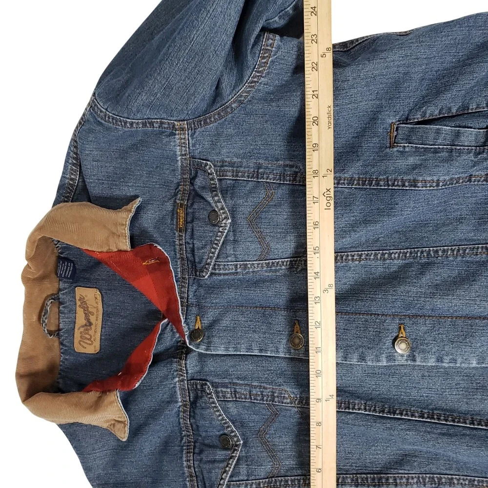 Wrangler Authentic Western Jacket Blue Denim Flannel Lined Corduroy Collar L